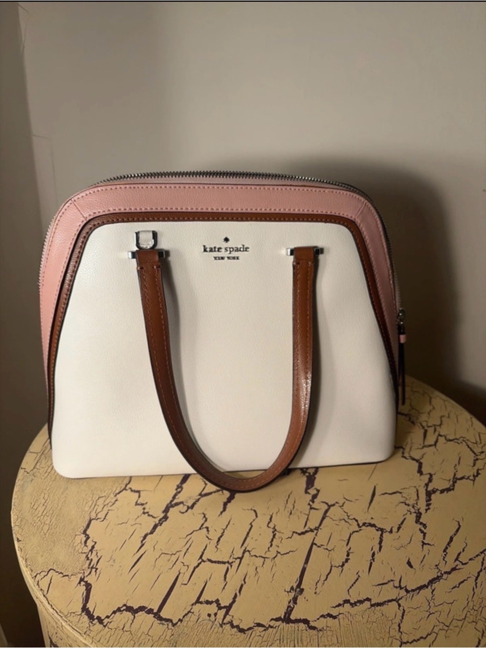 kate spade Pink, Cream & Brown Leather Dome Satchel